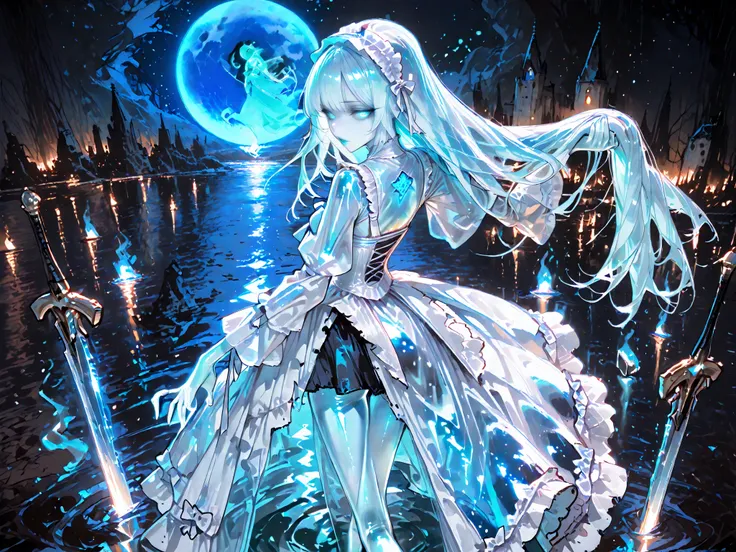 (masterpiece, details:1.2), Ghost Castles: (1girl, Ghost Girl, Blue Eyes, glowing eyes, Apply Lip Gloss, long hair, Dig up your hair, tight bangs, Transparent Hair, Clear hair, (Clear, Clear skin, Clear body, A clear body, extraterrestrials, slim body, wit...