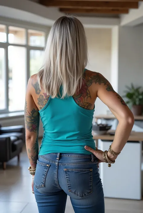 Hyper-detailed photography of a mature European woman from behind, age 50, with straight blonde hair featuring prominent silver-gray highlights. She stands with one hand on hip in a spacious modern loft with abundant natural light. Her age-appropriate figu...