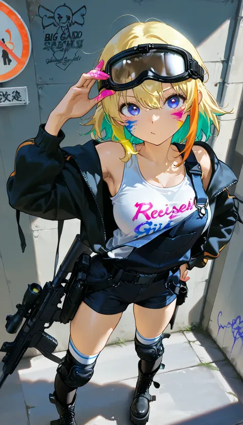 (masterpiece , top quality )City、summer、Road Ground、big platform boots、knee-high socks with asymmetrical lines、Gradation Hair、perspective、rifle、girl、big size jacket with paint on clothes、　leather material big size overalls shorts、medium breast size 、　team　...