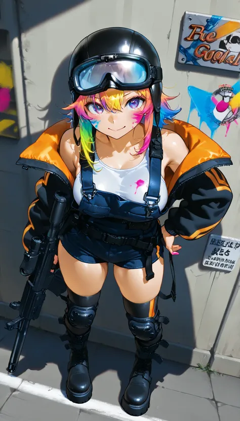 (masterpiece , top quality )City、summer、Road Ground、big platform boots、knee-high socks with asymmetrical lines、Gradation Hair、perspective、rifle、girl、big size jacket with paint on clothes、　leather material big size overalls shorts、medium breast size 、　team　...