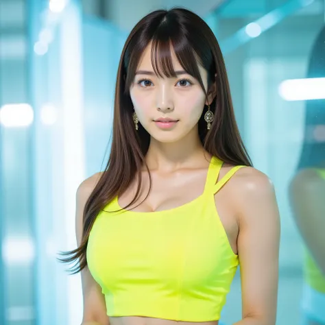 (Highest Quality, masterpiece), Ultra High Definition, Super Realistic, A glamorous Korean woman with a cute idol face in a bright futuristic tech office, is wearing a neon yellow tank top that fits perfectly, long shot, long brown fluffy hair with bangs, ...