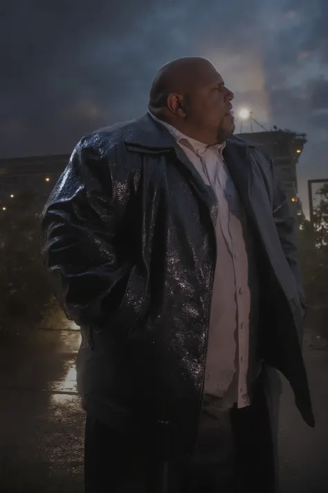 A fat black man weighing 800 pounds, giant man, wearing a shiny long black leather trenchcoat on a stormy night in Japan, wearing a white latex shirt with sweat droplets on it, wearing thick black leather jeans, at dusk outside of a modern hotel made of br...
