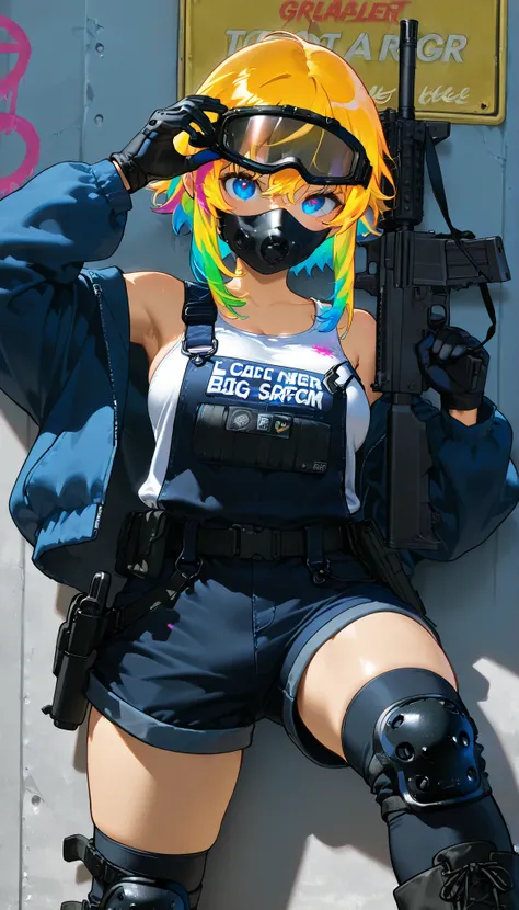 (masterpiece , top quality )City、summer、Road Ground、big platform boots、knee-high socks with asymmetrical lines、Gradation Hair、perspective、rifle、girl、big size jacket with paint on clothes、　leather material big size overalls shorts、medium breast size 、　team　...