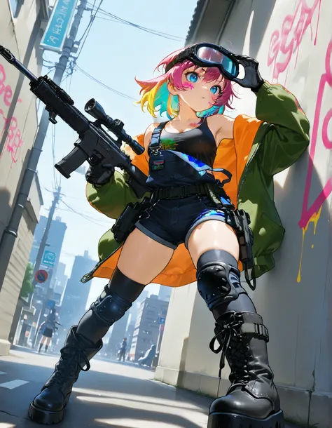 (masterpiece , top quality )City、summer、Road Ground、big platform boots、knee-high socks with asymmetrical lines、Gradation Hair、perspective、rifle、girl、big size jacket with paint on clothes、　leather material big size overalls shorts、medium breast size 、　team　...