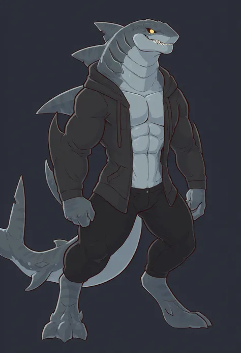 masterpiece, best quality, horsesoul, flat_color, solo,1 woman, dnd, sharkman, anthro kohalasaurus, solo, bara, bulky, detailed skin, lizard shark hybrid, anthro, closed mouth, detailed scalie skin, scalie arms, fins on arms, dark gray color body, beefy, d...