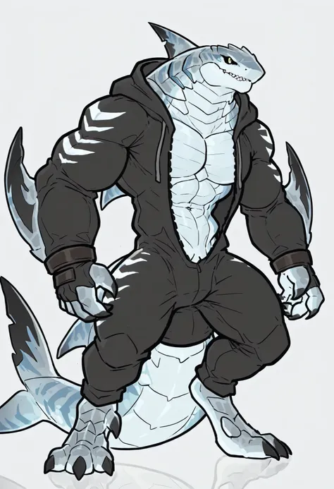 sharkman, anthro kohalasaurus, darker hands and fins, black back, solo, big arms, bara, bulky, detailed skin, lizard shark hybrid, anthro, closed mouth, detailed scalie skin, scalie arms, fins on arms, gray color body, beefy, thick scales on arms, digitigr...