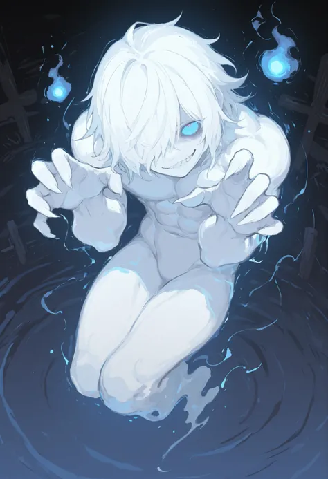 masterpiece, best quality, horsesoul, solo, 1boy, solo, man, ghost, ghostly, transparent, short white hair, hair over one eye, blue eyes, pale skin, (white skin:1.3), sharp teeth, muscular, warrior, ghost pose, ghost, smirk, cute, looking up, floating, ful...