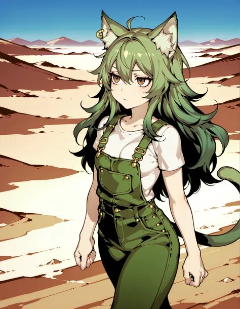 Source_anime, cute female, fishine style, 1girl, cat girl BREAK 

Cat ears, animal fluff ears, green ears, white fluff, long hair, messy hair, green hair, small breasts, single ear piercing, bronze piercing, brown eyes 

White shirt, short sleeves, green o...