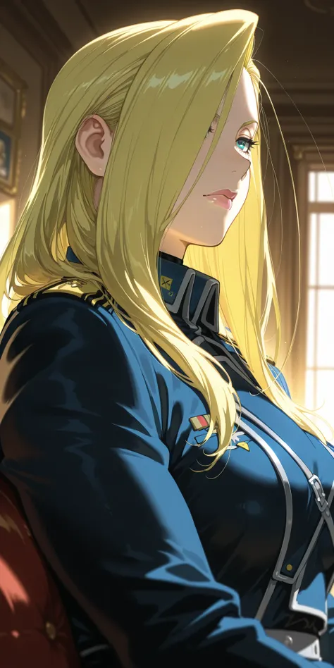 Masterpiece, elegant mature woman, milf,   tall body, curvaceous, olivier mira armstrong, lips,  upper body, sit on sofa, dynamic lighting, ultra detailed, highres, home, fullmetal alchemist anime style, military uniform,