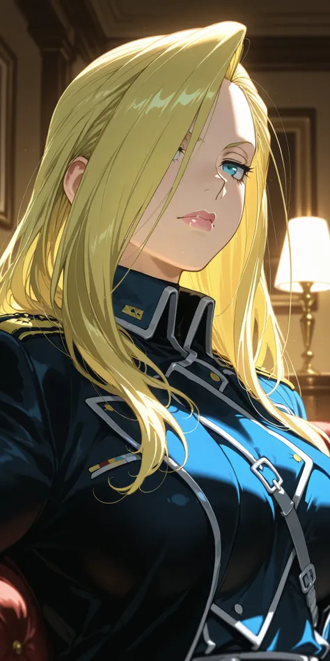 Masterpiece, elegant mature woman, milf,   tall body, curvaceous, olivier mira armstrong, lips,  upper body, sit on sofa, dynamic lighting, ultra detailed, highres, home, fullmetal alchemist anime style, military uniform,