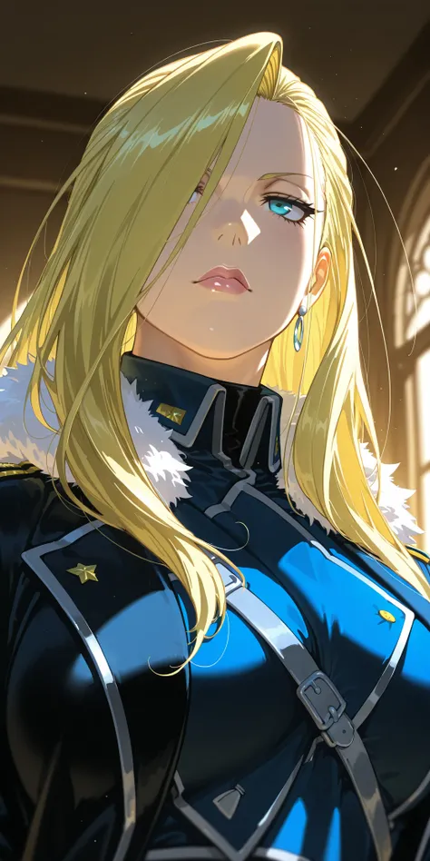 Masterpiece, elegant mature woman, milf,   tall body, curvaceous, olivier mira armstrong, lips,  (upper body), dynamic lighting, ultra detailed, highres, home, fullmetal alchemist anime style, military uniform, (dynamic angle)
