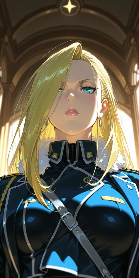 Masterpiece, elegant mature woman, milf,   tall body, curvaceous, olivier mira armstrong, lips,  (upper body), dynamic lighting, ultra detailed, highres, home, fullmetal alchemist anime style, military uniform, (dynamic angle)