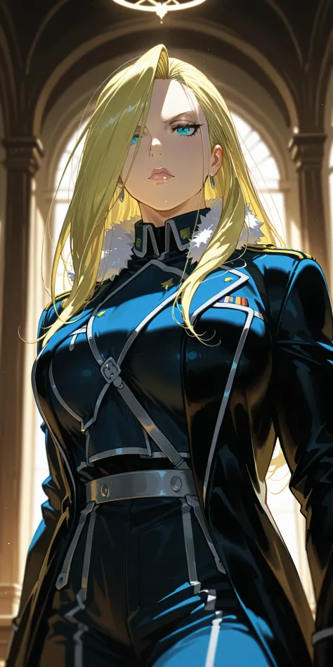 Masterpiece, elegant mature woman, milf,   tall body, curvaceous, olivier mira armstrong, lips,  (upper body, standing), dynamic lighting, ultra detailed, highres, home, fullmetal alchemist anime style, military uniform
