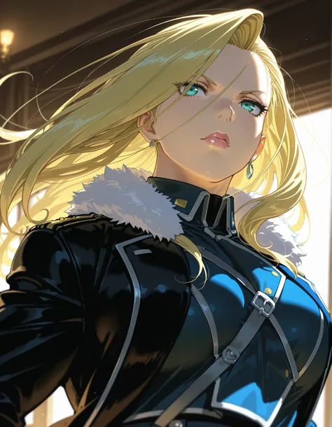 Masterpiece, elegant mature woman, milf,   tall body, curvaceous, olivier mira armstrong, lips,  (upper body, dynamic angle, dynamic pose), dynamic lighting, ultra detailed, highres, home, fullmetal alchemist anime style, military uniform