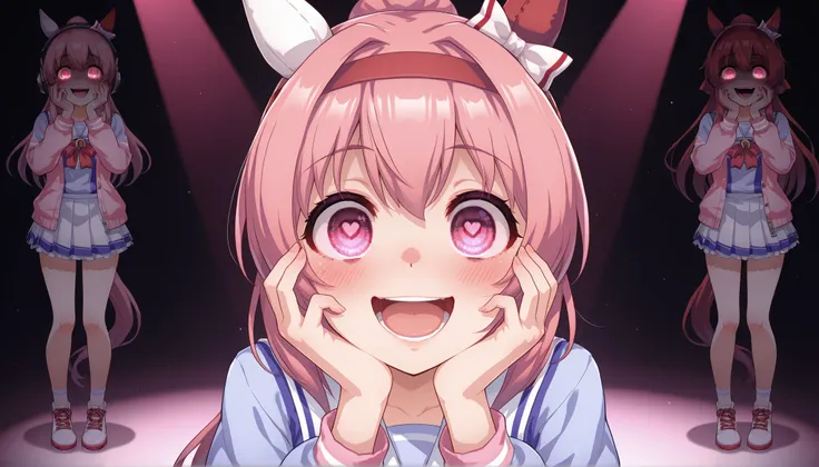 UMAHU,horse ears,red ear covers,white hairbow,red headband,pink hair,ponytail,pink eyes, animal print, yandere, hands on own cheeks, hands on own face, crazy eyes, crazy smile, crazy, heart-shaped pupils, glowing eyes, symbol-shaped pupils, hand on own fac...