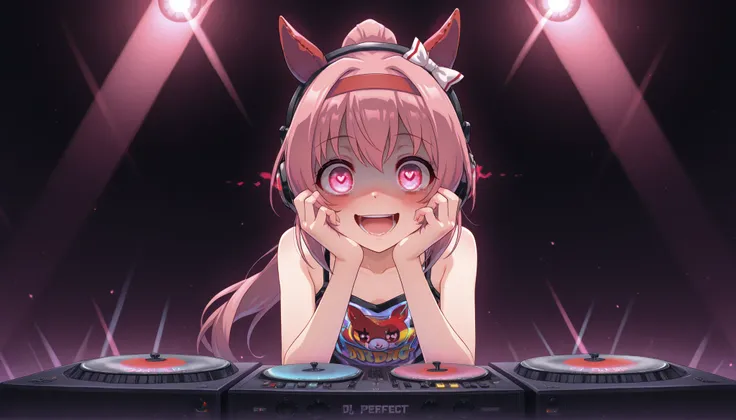 UMAHU,horse ears,red ear covers,white hairbow,red headband,pink hair,ponytail,pink eyes, animal print, yandere, hands on own cheeks, hands on own face, crazy eyes, crazy smile, crazy, heart-shaped pupils, glowing eyes, symbol-shaped pupils, hand on own fac...