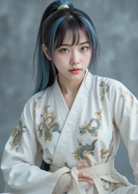 Casual Hoodie, high resolution, high resolution, 24K Video Quality. woman、beautiful, Aqua Blue Eyes, Depicts a cute 16 year old Japanese girl. She's wearing a pearl white latex battle suit,  The latex suit is adorned with vibrant dragons and other mythical...