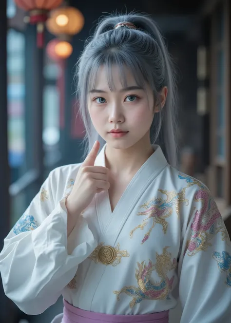 Casual Hoodie, high resolution, high resolution, 24K Video Quality. woman、beautiful, Aqua Blue Eyes, Depicts a cute 16 year old Japanese girl. She's wearing a pearl white latex battle suit,  The latex suit is adorned with vibrant dragons and other mythical...