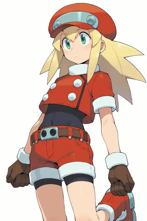 score_9, score_8_up, score_7_up, source_anime, 
Ishikawa Hideki style, roll casket ( Megaman ), in the night sky, Bang, long hair, spiky hair, Blonde, green eyes, red cabbie hat, brown gloves, red jacket, Short sleeve, spandex, Brown Belt, cropped jacket, ...