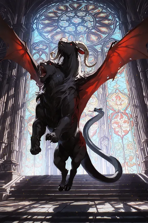 Monster Design, fantasy work, anime style, Full Body:1.2,  four-legged beast,  bat-like wings growing from her back, Synthetic beast Chimera, 4k, High Quality,  Professional, Ultra Fine, ((stained glass, Temple Background, fantastic light)), dark atmospher...