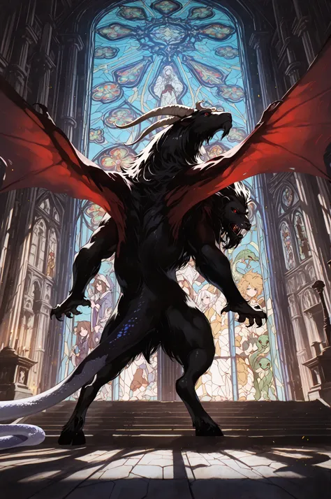 Monster Design, fantasy work, anime style, Full Body:1.2,  four-legged beast,  bat-like wings growing from her back, Synthetic beast Chimera, 4k, High Quality,  Professional, Ultra Fine, ((stained glass, Temple Background, fantastic light)), dark atmospher...