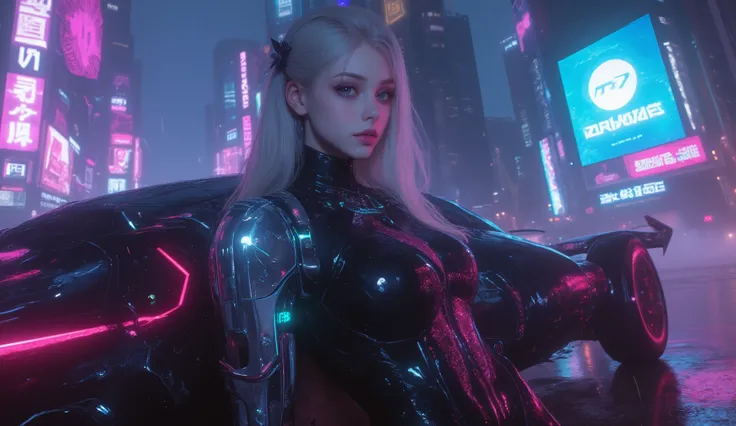 
(Masterpiece), (best quality), ultra-detailed, photorealistic, 8K resolution, cinematic daylight and neon atmosphere

A full-body hyperrealistic cyberpunk portrait of a stunning young gothic woman in a sleek black latex bodysuit, standing in a dramatic po...