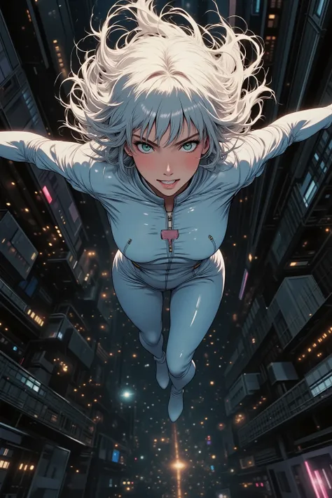 Full body shot, dynamic action pose, angled pose, three-quarter view, with ample space, no cropping.
She is captured mid-air, falling gracefully through the sky with both arms spread wide, as if soaring or descending with purpose.
Her body is subtly arched...