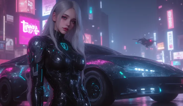 
(Masterpiece), (best quality), ultra-detailed, photorealistic, 8K resolution, cinematic daylight and neon atmosphere

A full-body hyperrealistic cyberpunk portrait of a stunning young gothic woman in a sleek black latex bodysuit, standing in a dramatic po...