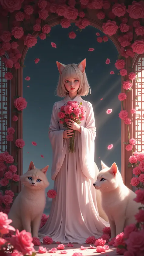 high-definition images、in an old Japanese temple、a room covered with black roses and red roses、(The cat girl at the temple)smiling with pink roses in her hands and being with wild foxes