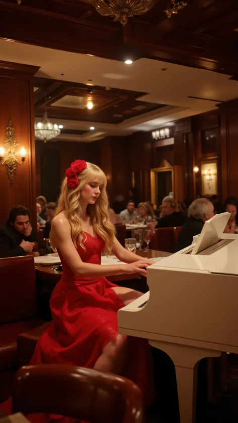 high-definition images、美しいジャズバーで（blonde woman in red dress playing white piano in a beautiful jazz bar）、table customers are watching her at a beautiful jazz bar
