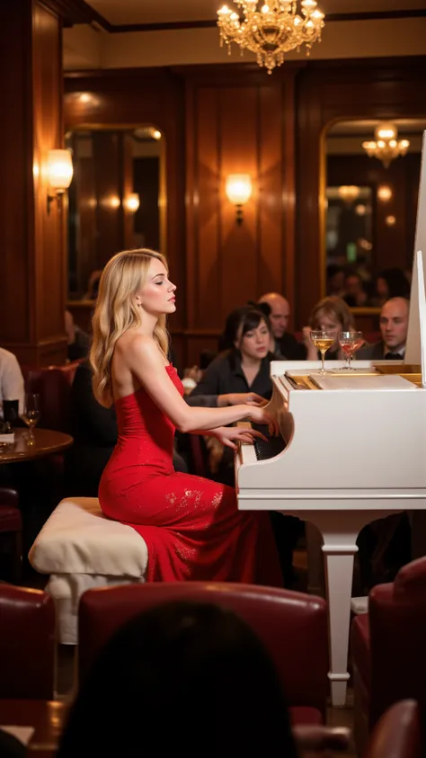 high-definition images、美しいジャズバーで（blonde woman in red dress playing white piano in a beautiful jazz bar）、table customers are watching her at a beautiful jazz bar