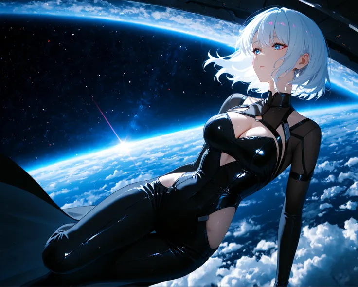 A stunning anime-style woman with short, silvery-white hair softly glowing, delicate facial features, and a calm, contemplative expression. She wears the exact sleek, fully-covered black outfit with subtle glossy highlights, elegant and form-fitting, just ...