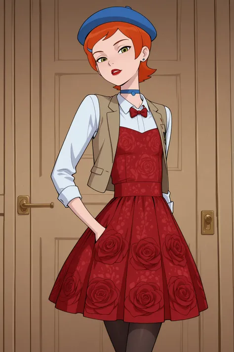 Gwen Tennyson . red ginger . short hair . green eyes . red lips, flat breasts, flat chest, huge hips . slim body . choker . | Smooth Quality,masterpiece,very intricate, high quality details, ultra realistic, high detailed skin,detailed enviorement, absurdr...