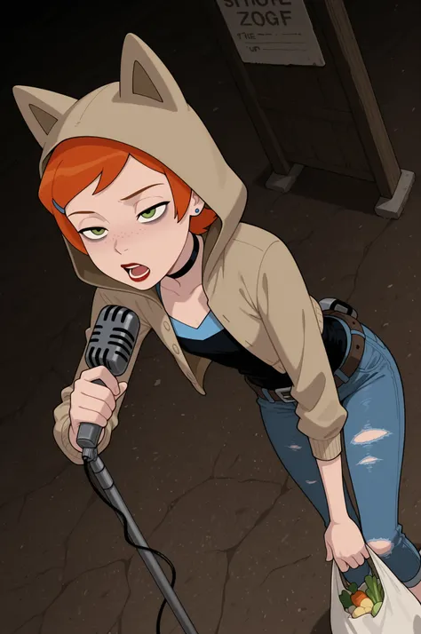 Gwen Tennyson . red ginger . short hair . green eyes . red lips, flat breasts, flat chest, huge hips . slim body . choker . | score_9, score_8_up, score_7_up  smoky, dimly lit jazz bar, leaning forward, singing, holding a (vintage microphone), The walls ar...