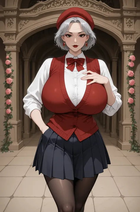Grandma. gray hair, black eyes, short hair, dark red lips, wrinkles, earrings, makeup, huge saggy breasts, .|  Smooth Quality,masterpiece,very intricate, high quality details, ultra realistic, high detailed skin,detailed enviorement, absurdres, 1girl, red_...