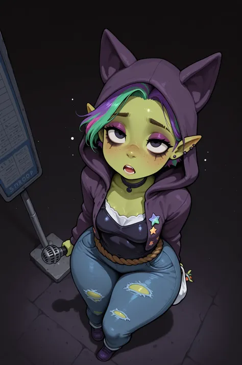 female punk, random colors hair, black eye , facial piercings, eye makeup, small breasts, meduim hips, (goblin femboy:1.0) (shortstack:1.0) (green skin:1.0) (pointy ears:1.0) (wide hips:1.0) boy. crossdressing, femboy. huge hips, very short hair. Bouffant....
