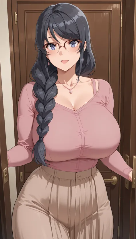  maisakurajimatest1, woman, solo, mature, long hair, braid, single braid, looking at viewer, :d, jewelry, collarbone, indoors, necklace, portrait, pink shirt, long skirt, standing at door, masterpiece, glasses, huge breasts, thick muscular thighs, wide cur...