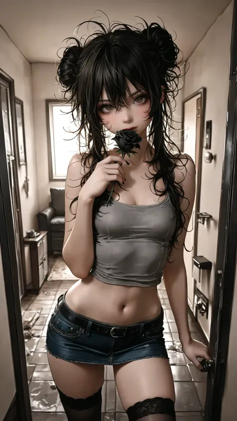 score_9, score_8_up, score_7_up, 1 girl, long messy hair with a bun, standing in the living room , denim micro skirt, small tank top, cleavage, thigh-high socks, small breast, holding a black rose to viewer,