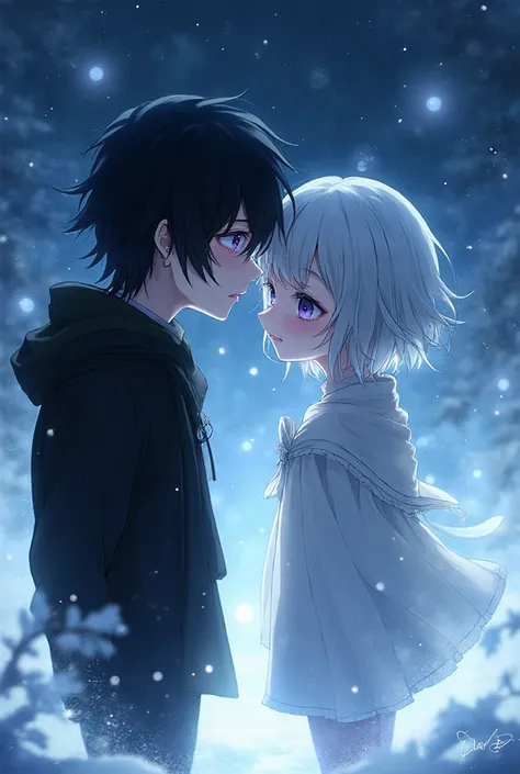 An anime girl with short white hair and blue eyes and a childish face and a man with black hair and purple eyes who keeps her in the snow at night and they both smile 