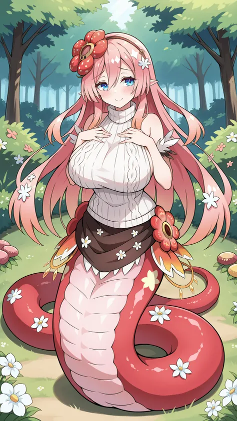 (Fraction_9:0.9),Fraction_8_Up,Fraction_7_Up,grade,(zPDXL3),(   masterpiece),  ( Best quality  ),(All five fingers ),(five fingers),a girl,alone,traptrix_rafflesia,pink hair,hair_flower,long hair,blue eyes,Head fin,white sleeveless sweater,big boobs,big bo...