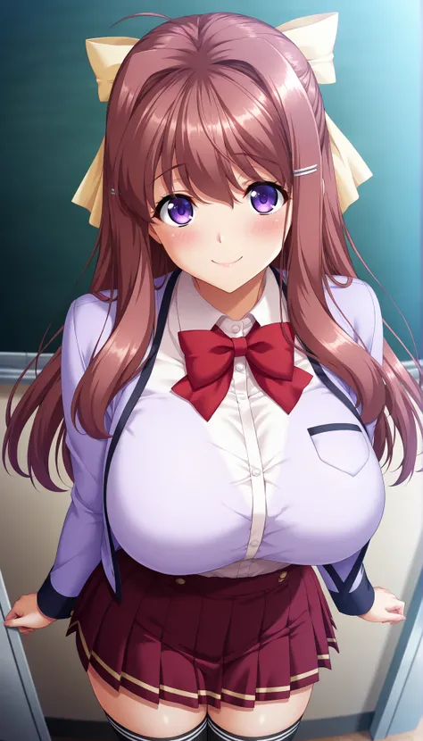masterpiece, best quality, good quality, 1 girl, Maihara Suzune, brown hair, long hair, violet eyes, hair ribbon, large medium breast, beautiful breast, perfect ratio, slim, game cg style, blush, horny, slutty, smile, school uniform, white blouse, purple c...