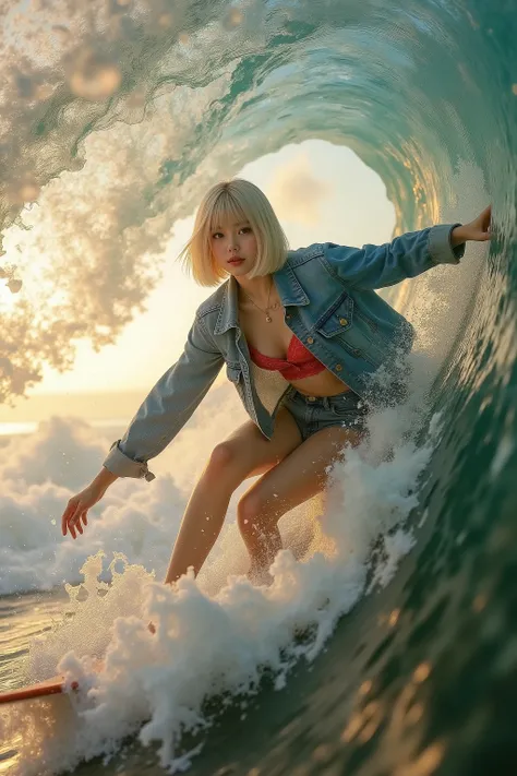 8k resolution surreal realistic scene, natural golden hour sunset lighting casting warm glows on waves, a 16-17-year-old Japanese girl with a blonde bob haircut, brown almond eyes, and a bright playful mischievous smile, wearing an unbuttoned denim jacket ...