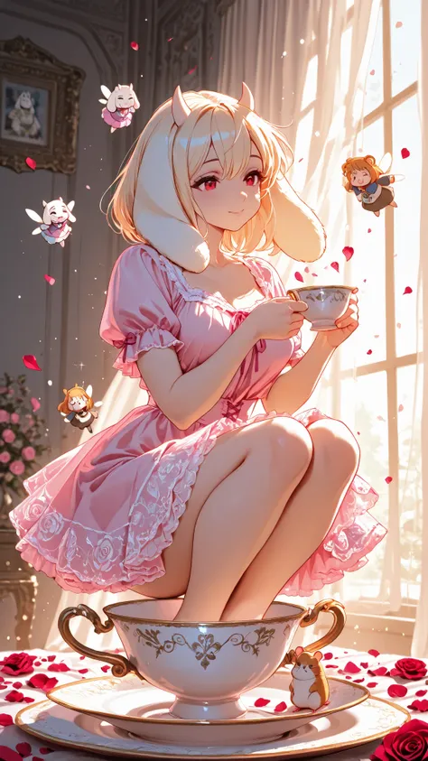 masterpiece, better quality, ultra-detailed, high resolution, illustration style anime, soft and atmospheric light,
bright cherry petal-colored eyes, apparence d’une fillette de 3 ans, skin radiant porcelain, innocent and melancholic expression, romantic f...
