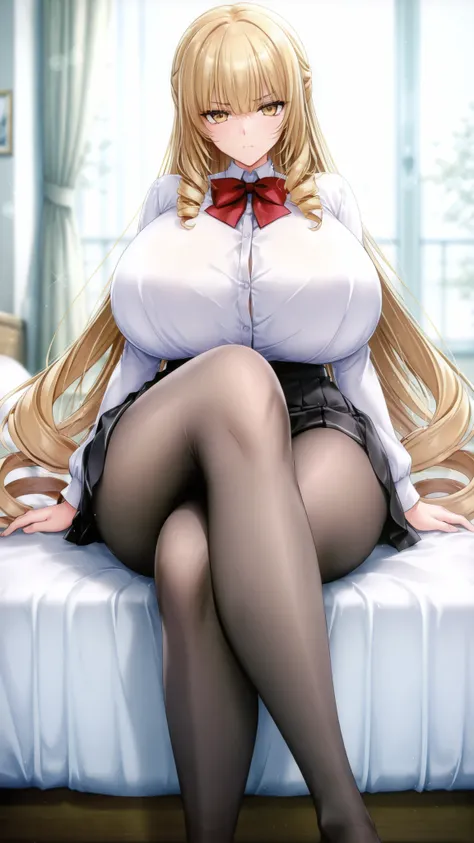 1 girl, blonde hair, very long hair, drill hair, giant breasts, school uniform, white shirt, black skirt, leggings, tights, standing, facing viewer, looking at viewer, serious, legs crossed, sitting on bed,