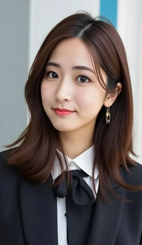Neat Young Woman、looking at the camera、office lady suit、jacket、shirt、耳にピアス、黒髪、歯を見せた笑顔、face close-up、The background is office
