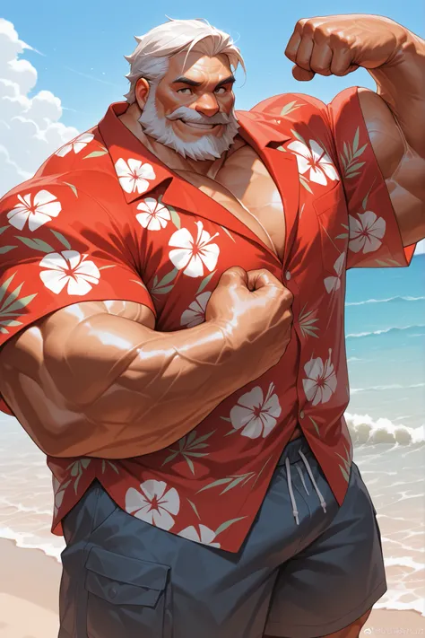solo, massive muscular old man, in beach, hawaiian shirt, smile, flexing, half body, halfbody, grunt, very huge pectoral, shorts, detailed face:1.3, eyes, wide shoulder, thick arms, wide pectoral, muscle, short hair:1.2, masterpiece, semirealistic:1.2, hig...