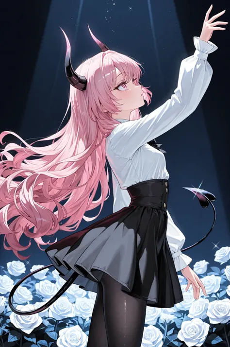 High quality, masterpiece, detailed depiction, one girl, (sharp thin horns, devil's tail, Shiny pink hair, wavy long hair, long eyelashes, pink eyes, Petite figure, small breasts, white blouse, black high-waisted flared skirt, black tights) cute, black bow...