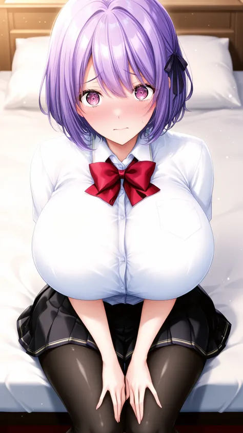 1 girl, violet hair, short hair, giant breasts, school uniform, white shirt, black skirt, leggings, tights, facing viewer, looking at viewer, nervous, hands on lap, sitting on bed,