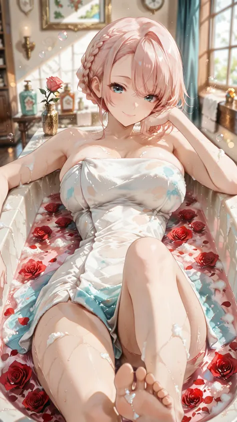 (masterpiece), (Highest Quality), (very detailed), (detail background), (so beautiful), 8k, 32K, high resolution,
(anime coloring:1.2),(perspective:1.2), (depth of field:1.4),(blurry background:1.4),rose petal bath,rose bath,soap bubbles,stea,(Rose:1.3)
...