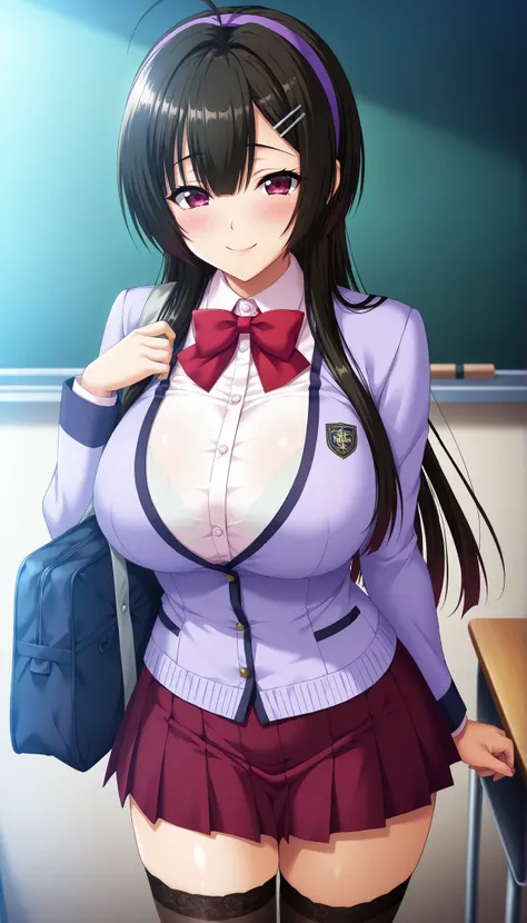 masterpiece, best quality, good quality, 1 girl, Onozaki Hiyori, black hair, long hair, maroon eyes, purple headband, large medium breast, beautiful breast, perfect ratio, slim, game cg style, blush, horny, slutty, smile, school uniform, white blouse, purp...